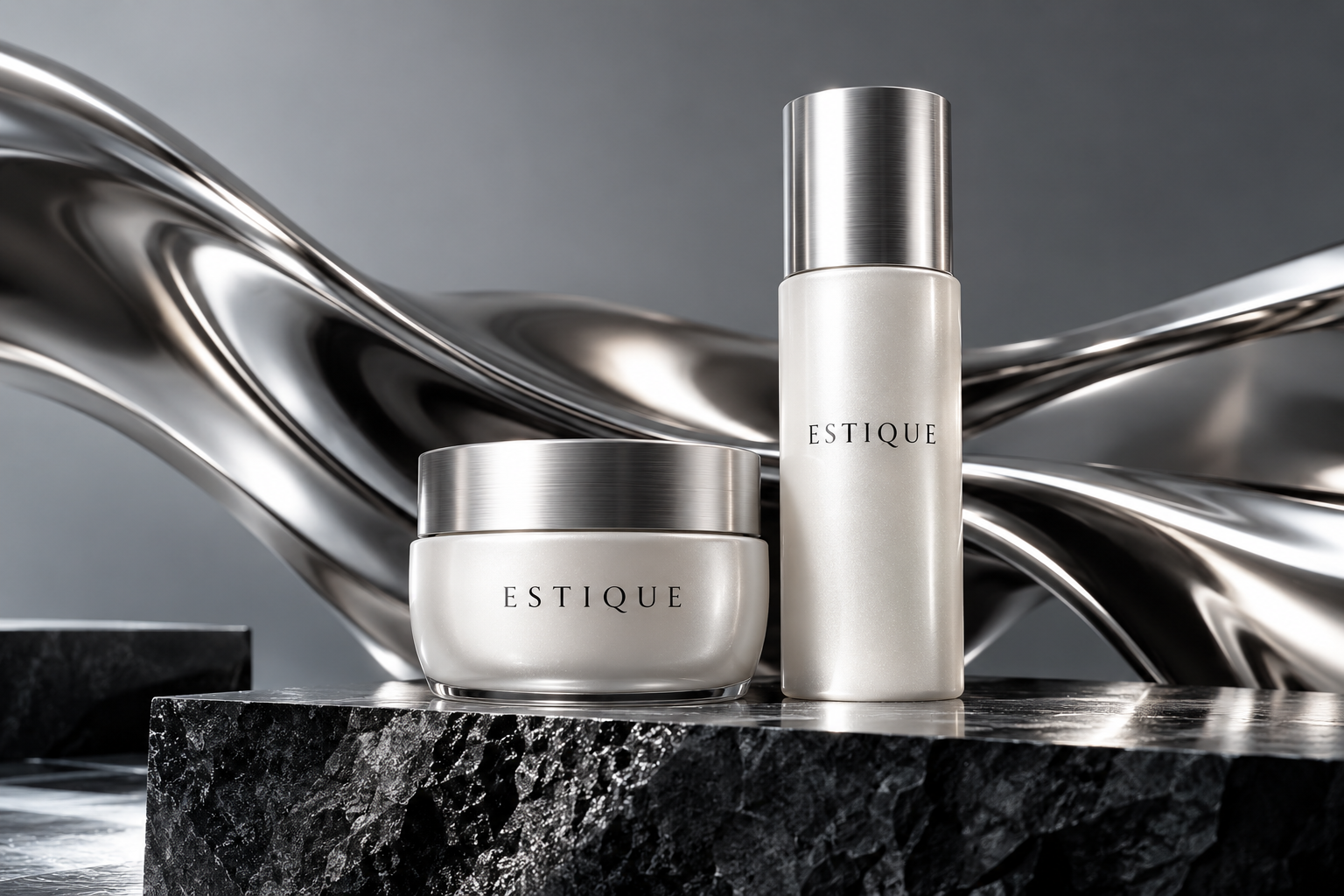 Conceptual ESTIQUE skincare collection in an architectural studio setting